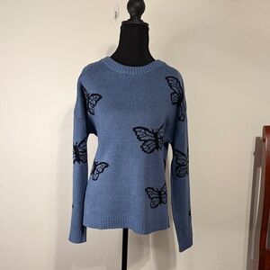 Chic Butterfly Patterned Blue Sweater
